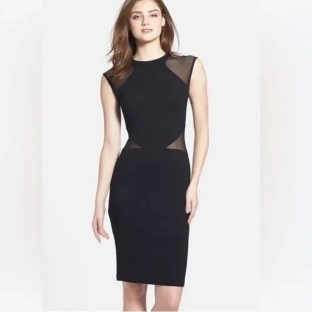 French Connection Black Sheer Mesh Panel Bodycon Sheath Dress Size 6